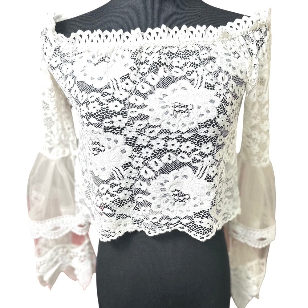 Boho White Lace Top Off Shoulder XS Crop Bell Sleeve Sheer Romantic Cottagecore - Picture 2 of 9